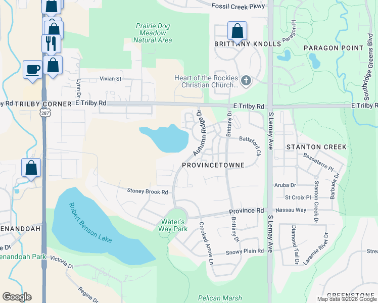 map of restaurants, bars, coffee shops, grocery stores, and more near 6827 Autumn Ridge Drive in Fort Collins