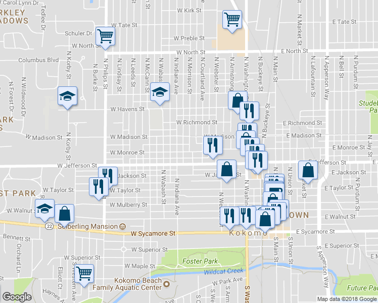map of restaurants, bars, coffee shops, grocery stores, and more near 701 North Morrison Street in Kokomo