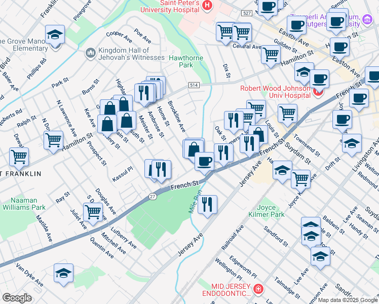 map of restaurants, bars, coffee shops, grocery stores, and more near 17 Ambrose Street in Franklin Township