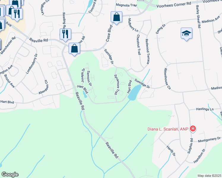 map of restaurants, bars, coffee shops, grocery stores, and more near 722 Apple Court in Flemington
