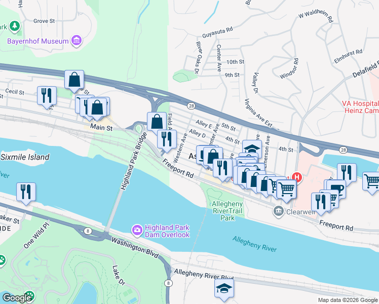 map of restaurants, bars, coffee shops, grocery stores, and more near 118 1st Street in Aspinwall