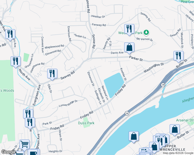 map of restaurants, bars, coffee shops, grocery stores, and more near 38 Elizabeth Street in Pittsburgh