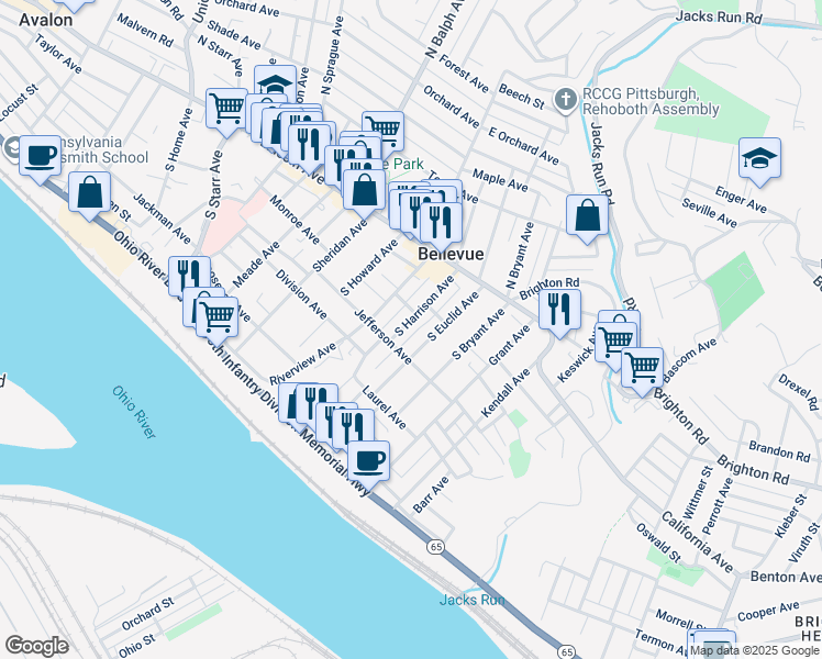 map of restaurants, bars, coffee shops, grocery stores, and more near 110 South Euclid Avenue in Pittsburgh