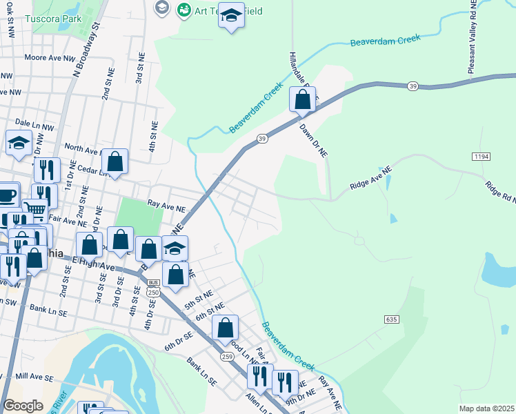 map of restaurants, bars, coffee shops, grocery stores, and more near 339 Beitler Avenue Northeast in New Philadelphia
