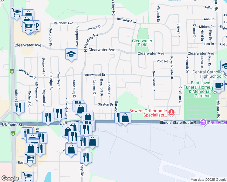 map of restaurants, bars, coffee shops, grocery stores, and more near 1210 Eastport Drive in Bloomington