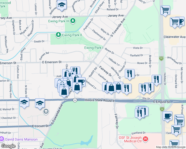 map of restaurants, bars, coffee shops, grocery stores, and more near 203 Sherwood Way in Bloomington