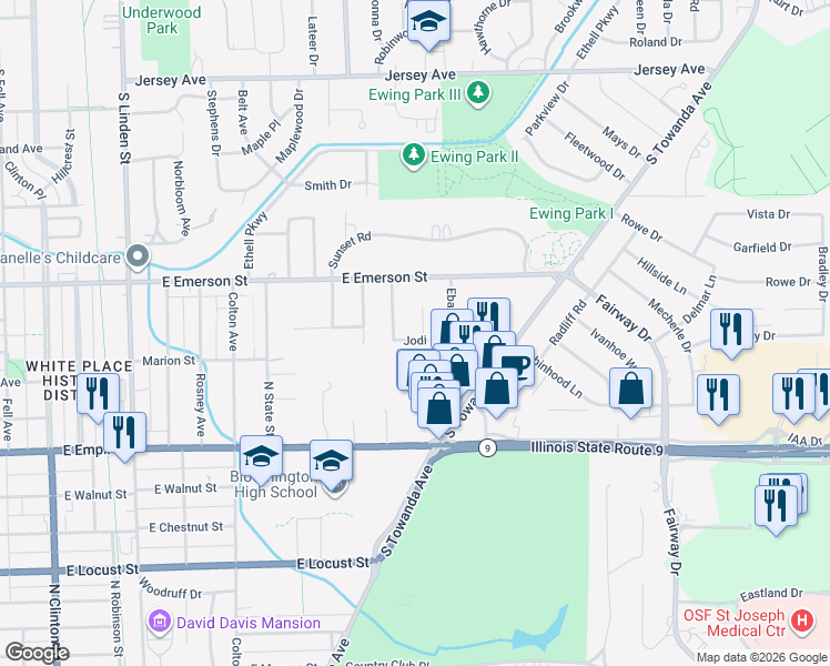 map of restaurants, bars, coffee shops, grocery stores, and more near 7 Jodi Lane in Bloomington