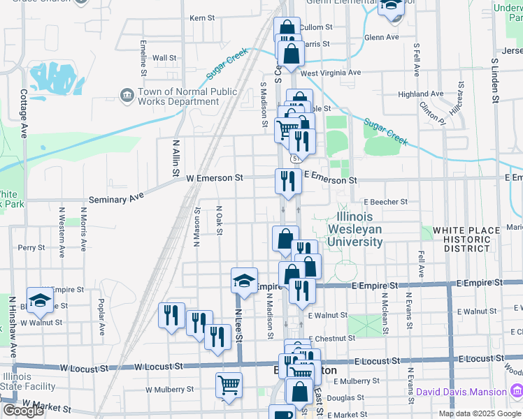 map of restaurants, bars, coffee shops, grocery stores, and more near 306 Union Street in Bloomington