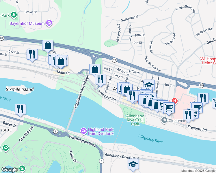 map of restaurants, bars, coffee shops, grocery stores, and more near 106 Western Avenue in Aspinwall