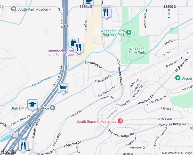 map of restaurants, bars, coffee shops, grocery stores, and more near 174 Daisyfield Drive in Draper