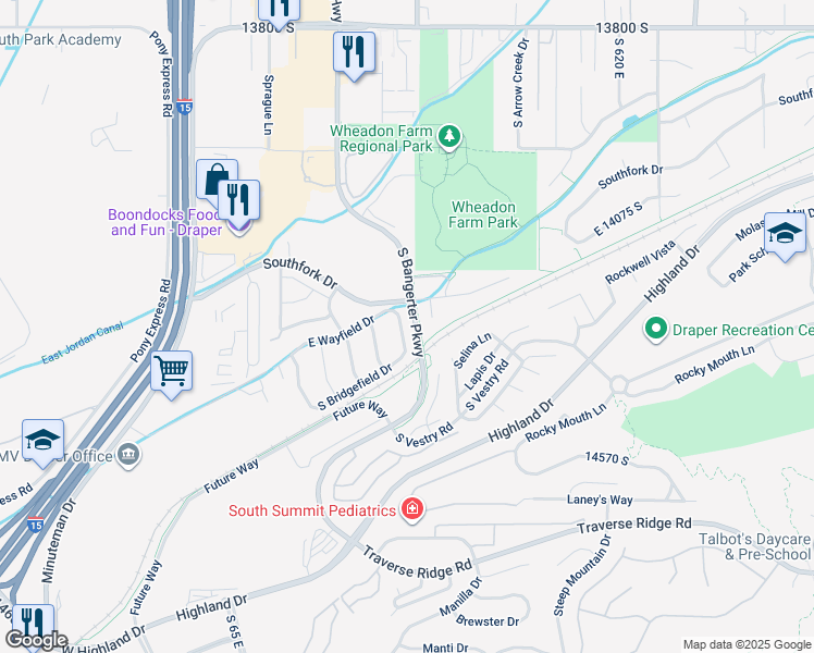 map of restaurants, bars, coffee shops, grocery stores, and more near 14283 Wayfield Drive in Draper
