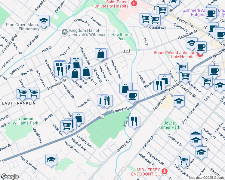 map of restaurants, bars, coffee shops, grocery stores, and more near 8 Kent Street in Franklin Township