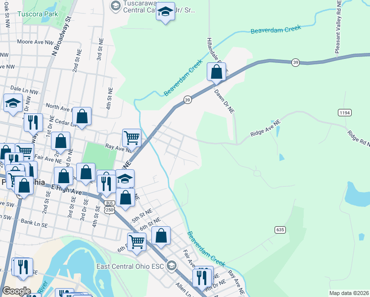 map of restaurants, bars, coffee shops, grocery stores, and more near 339 Beitler Avenue Northeast in New Philadelphia