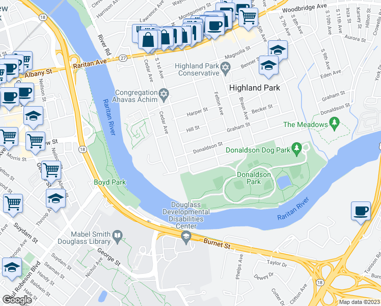 map of restaurants, bars, coffee shops, grocery stores, and more near 117 Donaldson Street in Highland Park