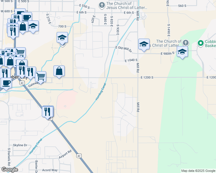 map of restaurants, bars, coffee shops, grocery stores, and more near 1266 South Sawmill Boulevard in Heber City