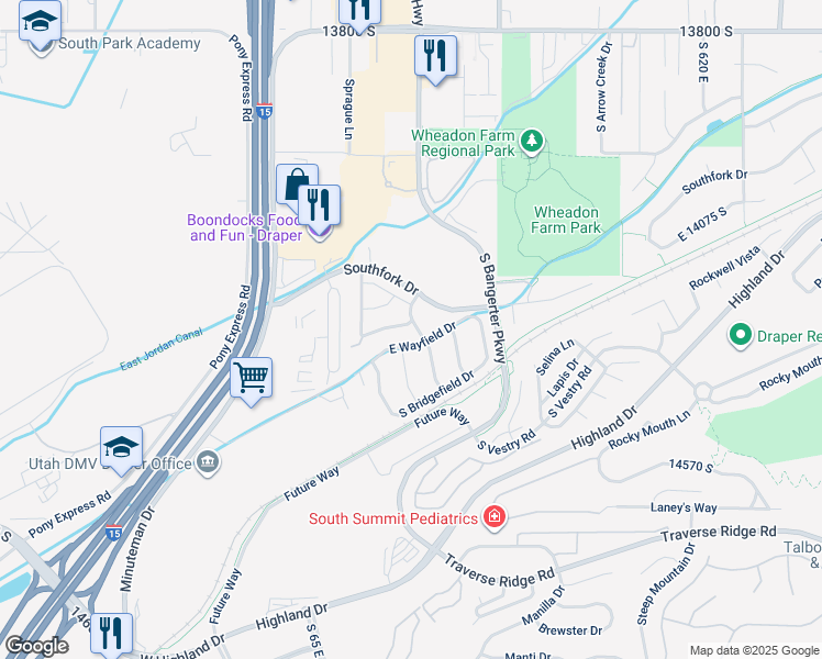map of restaurants, bars, coffee shops, grocery stores, and more near 14263 South Honeyfield Drive in Draper