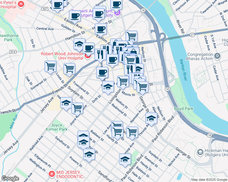 map of restaurants, bars, coffee shops, grocery stores, and more near 8 Drift Street in New Brunswick