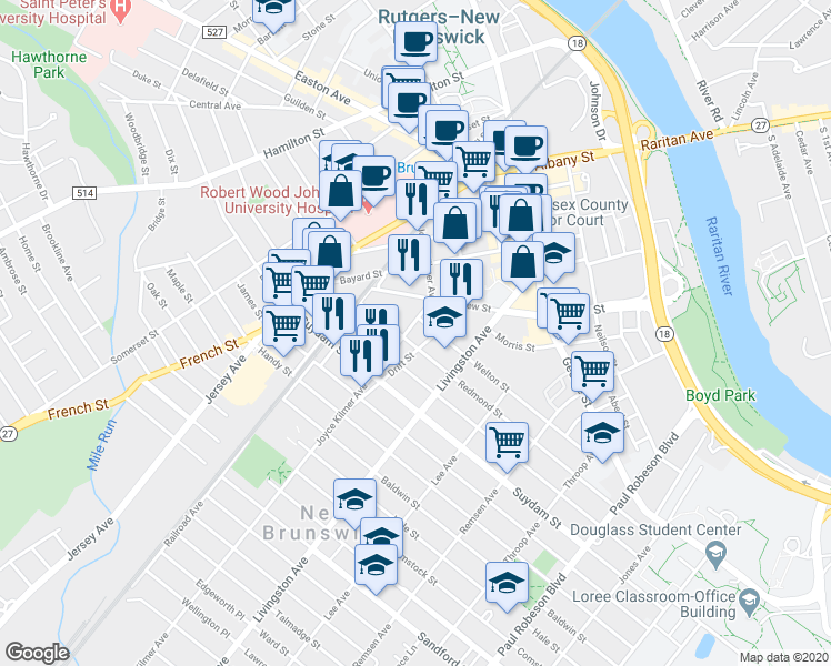 map of restaurants, bars, coffee shops, grocery stores, and more near 7 Joyce Kilmer Avenue in New Brunswick