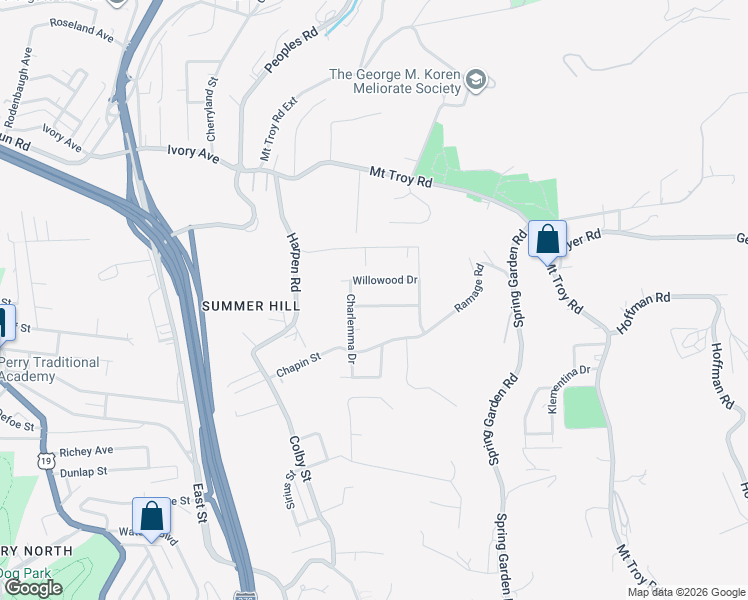 map of restaurants, bars, coffee shops, grocery stores, and more near 121 Willowood Drive in Pittsburgh