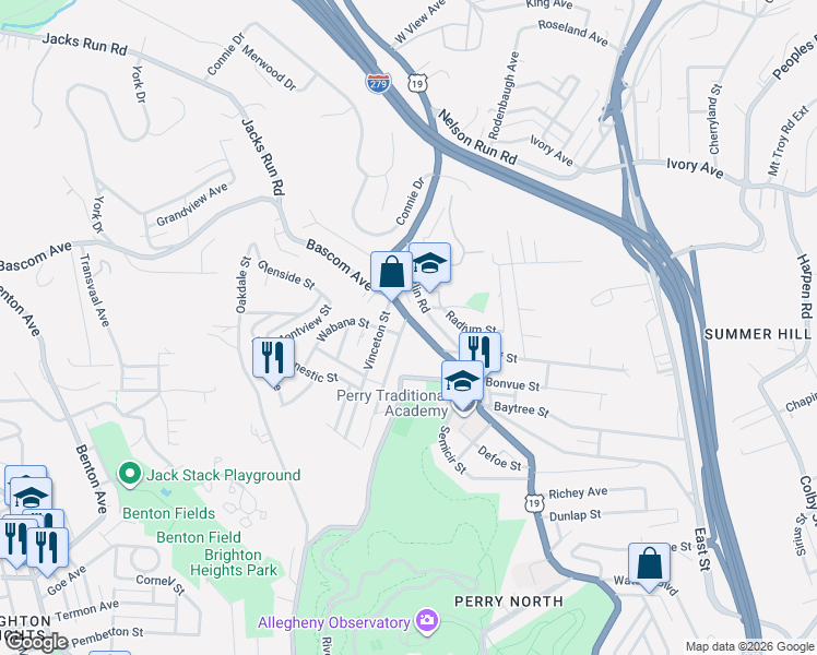 map of restaurants, bars, coffee shops, grocery stores, and more near 4070 Franklin Road in Pittsburgh