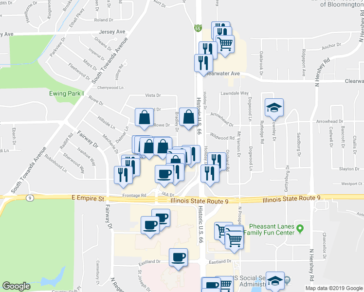 map of restaurants, bars, coffee shops, grocery stores, and more near 611 Bradley Drive in Bloomington