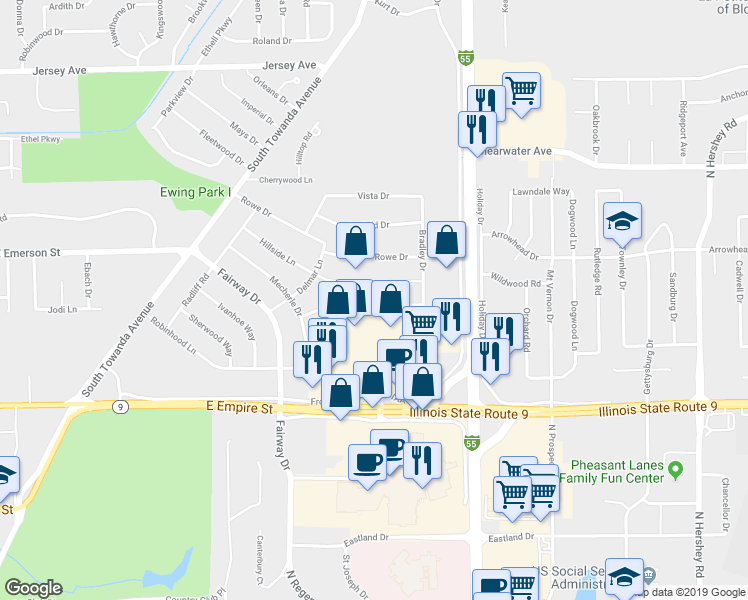 map of restaurants, bars, coffee shops, grocery stores, and more near 314 Hillside Lane in Bloomington