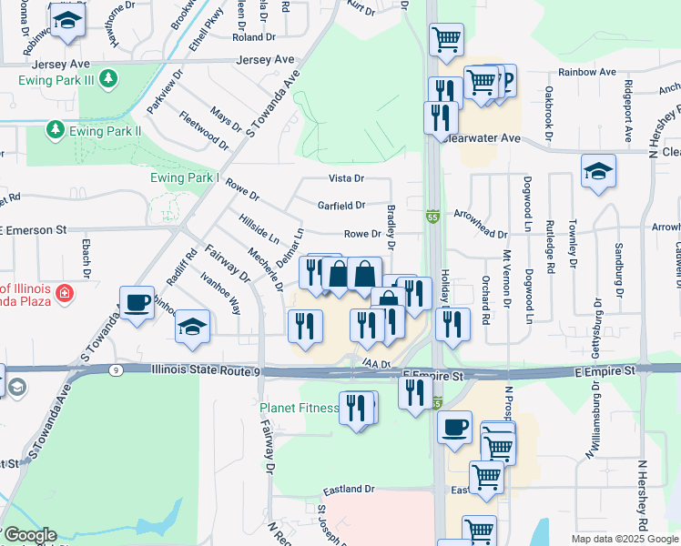 map of restaurants, bars, coffee shops, grocery stores, and more near 314 Hillside Lane in Bloomington