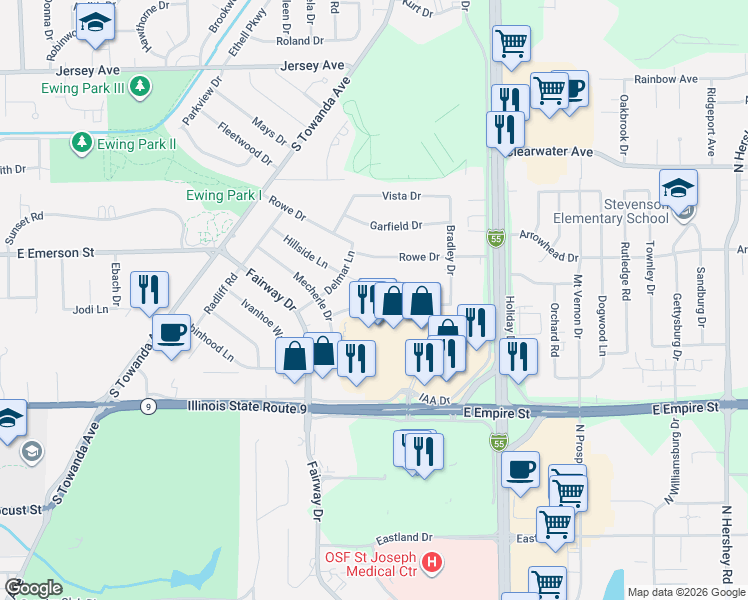 map of restaurants, bars, coffee shops, grocery stores, and more near 304 Hillside Lane in Bloomington