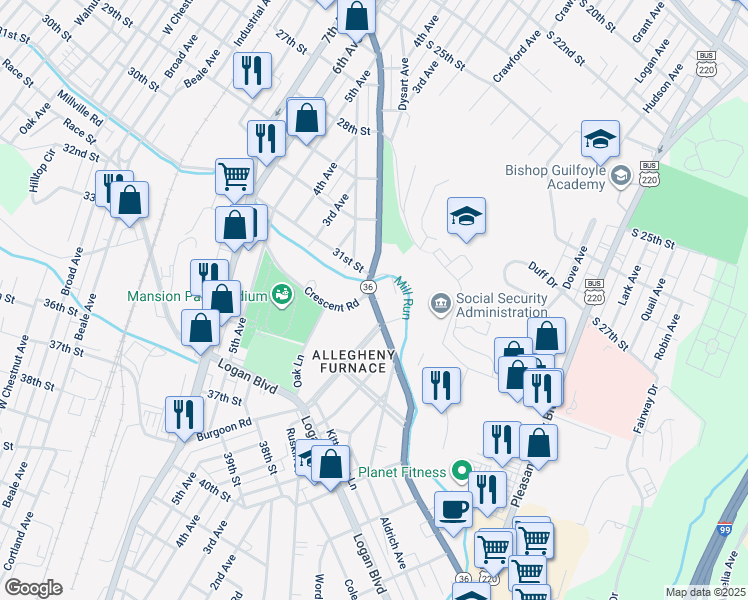 map of restaurants, bars, coffee shops, grocery stores, and more near 3400 Crescent Road in Altoona