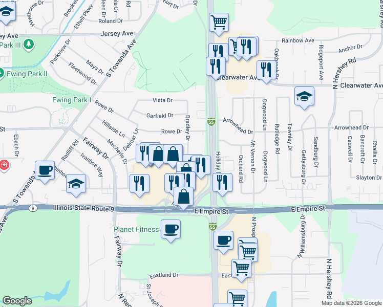 map of restaurants, bars, coffee shops, grocery stores, and more near 605 Bradley Drive in Bloomington