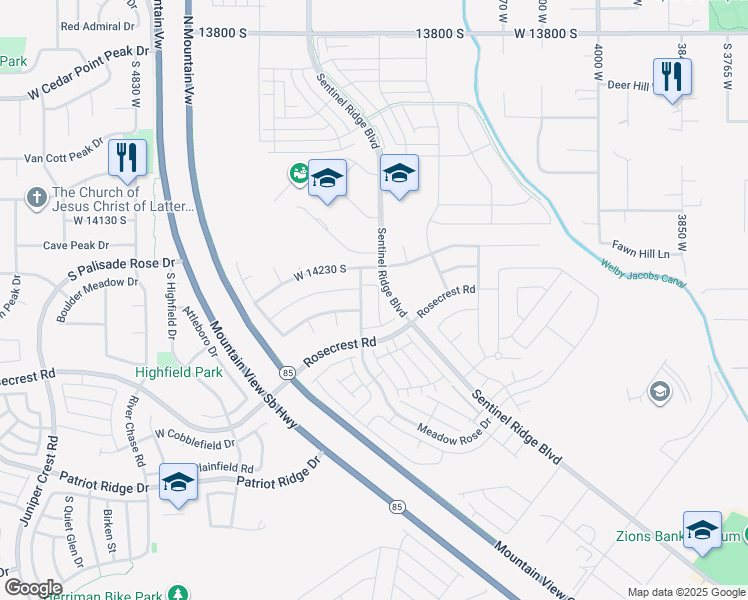 map of restaurants, bars, coffee shops, grocery stores, and more near 14274 Autumn Path Lane in Riverton