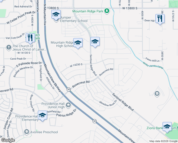 map of restaurants, bars, coffee shops, grocery stores, and more near 14274 Autumn Path Lane in Riverton