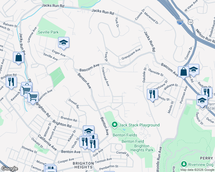 map of restaurants, bars, coffee shops, grocery stores, and more near 67 Transvaal Avenue in Pittsburgh
