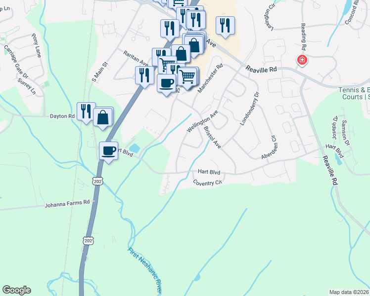 map of restaurants, bars, coffee shops, grocery stores, and more near 81 Canterberry Circle in Flemington