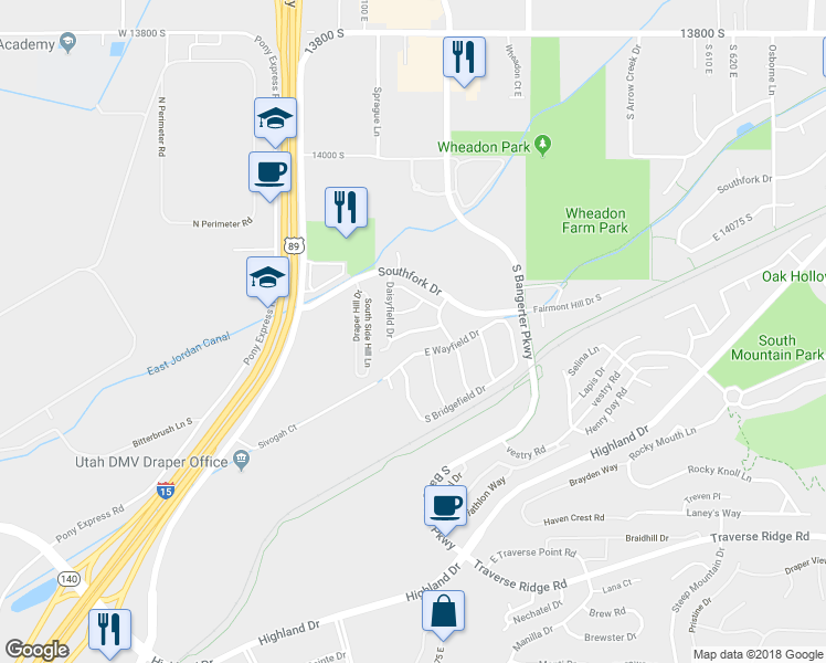 map of restaurants, bars, coffee shops, grocery stores, and more near 136 Daisyfield Drive in Draper