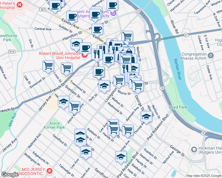 map of restaurants, bars, coffee shops, grocery stores, and more near 8 Drift Street in New Brunswick