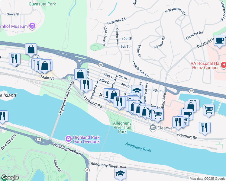 map of restaurants, bars, coffee shops, grocery stores, and more near 135 3rd Street in Aspinwall
