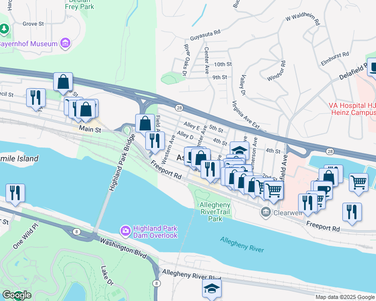 map of restaurants, bars, coffee shops, grocery stores, and more near 135 3rd Street in Aspinwall