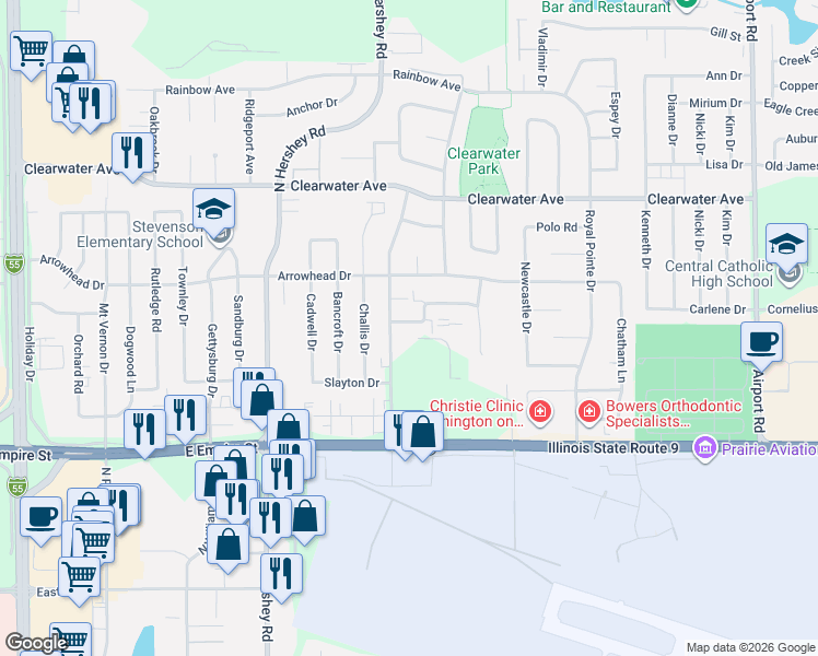 map of restaurants, bars, coffee shops, grocery stores, and more near 1221 Eastport Drive in Bloomington