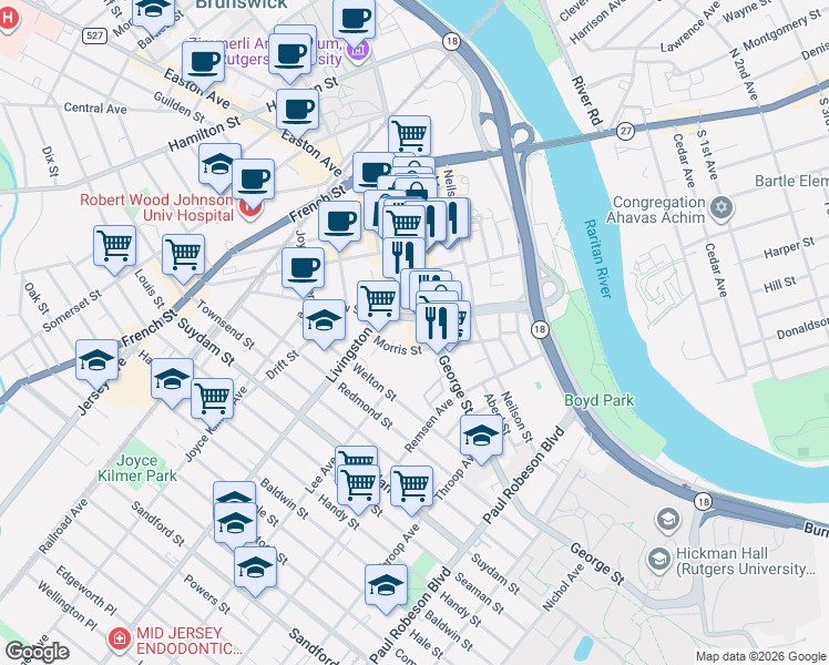 map of restaurants, bars, coffee shops, grocery stores, and more near 290 George Street in New Brunswick