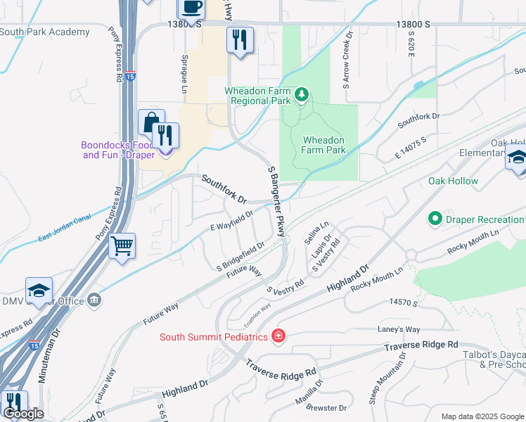 map of restaurants, bars, coffee shops, grocery stores, and more near 14268 Wayfield Drive in Draper