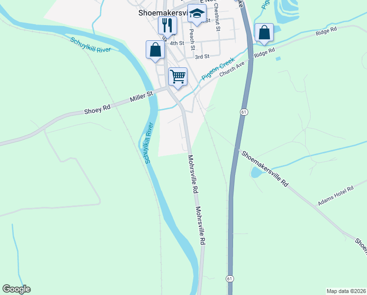 map of restaurants, bars, coffee shops, grocery stores, and more near 28 Main Street in Shoemakersville