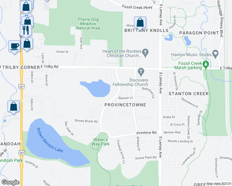 map of restaurants, bars, coffee shops, grocery stores, and more near 6714 Rose Creek Way in Fort Collins