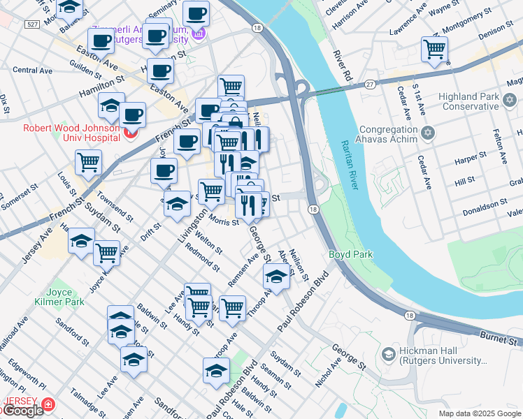 map of restaurants, bars, coffee shops, grocery stores, and more near 40 New Street in New Brunswick