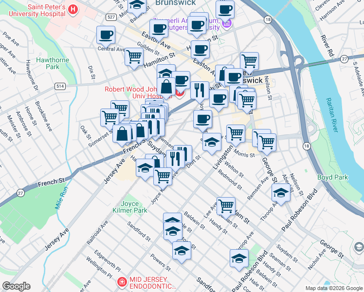 map of restaurants, bars, coffee shops, grocery stores, and more near 295 Redmond Street in New Brunswick