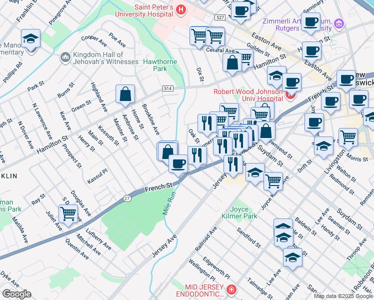 map of restaurants, bars, coffee shops, grocery stores, and more near 7 Laurel Place in New Brunswick