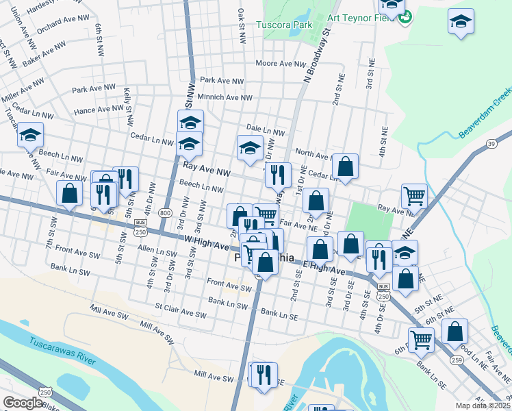 map of restaurants, bars, coffee shops, grocery stores, and more near 117 Beech Lane Northwest in New Philadelphia