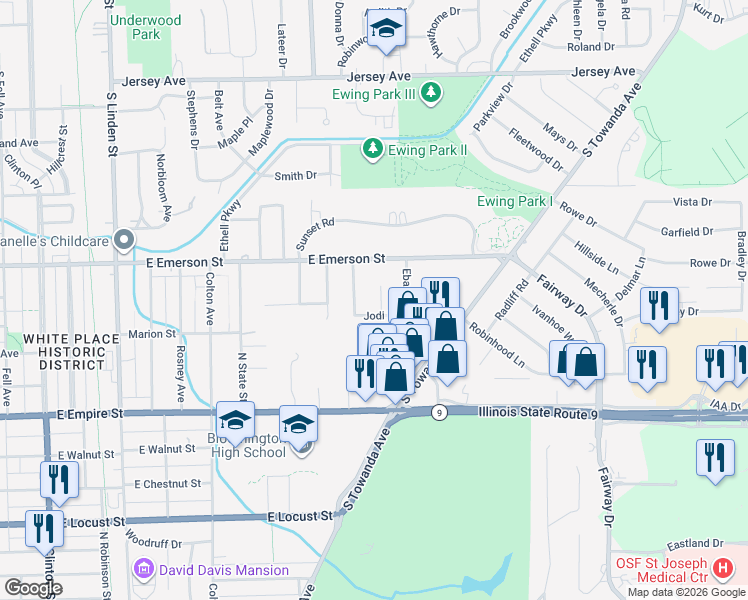 map of restaurants, bars, coffee shops, grocery stores, and more near 4 Tami Court in Bloomington