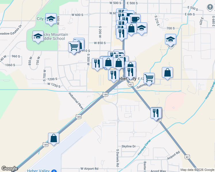map of restaurants, bars, coffee shops, grocery stores, and more near 1260 U.S. 189 Scenic in Heber City