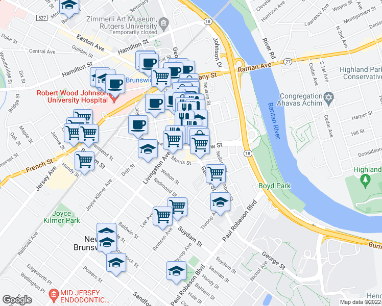 map of restaurants, bars, coffee shops, grocery stores, and more near 70 New Street in New Brunswick